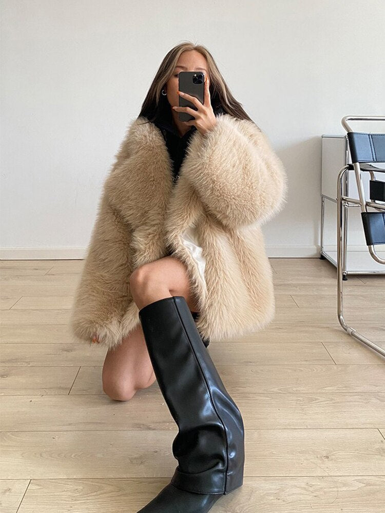 2023 Winter Warm Coat Women Mid Length Lapel Loose Faux Fox Fur Coat