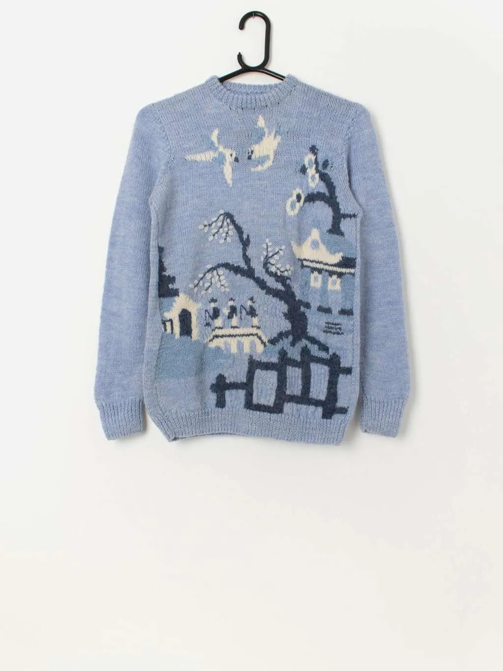 70s vintage handknitted pale blue sweater with birds and trees – Small