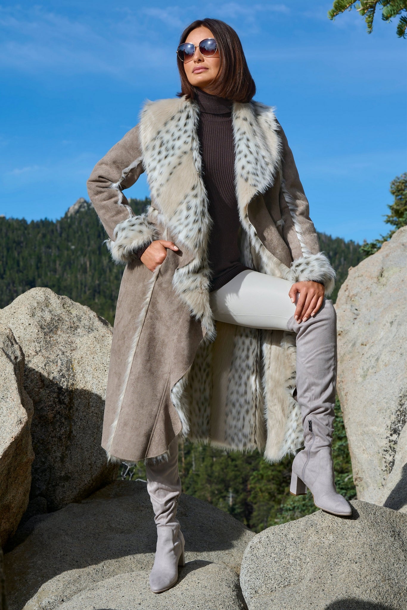 Animal Faux Fur Long Coat Gray Multi