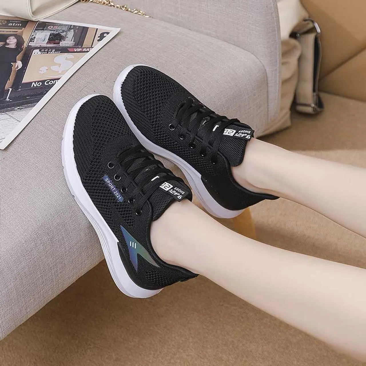 Black flyknit pattern texture label print shoe sneaker