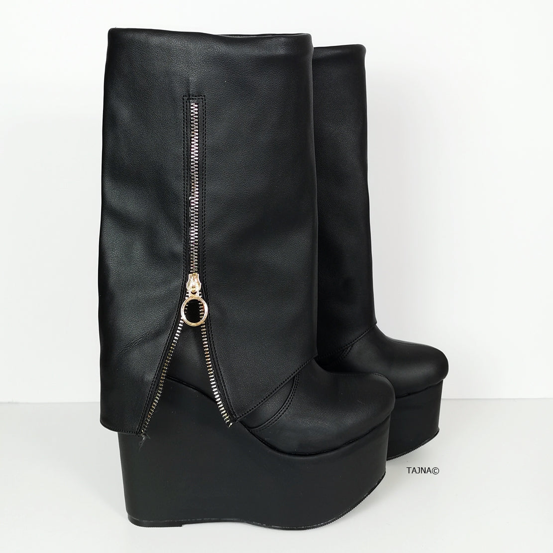 Black Wrap Zipper Wedge Boots