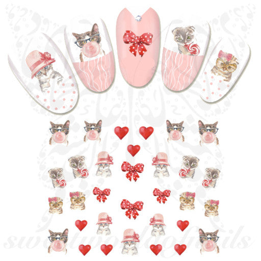 Cat Nails Ribbon Red Hearts Nail Stickers