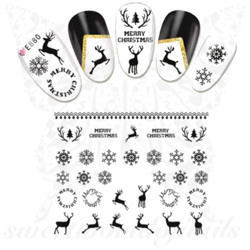 Christmas Nails Black Reindeer and snowflakes Stickers