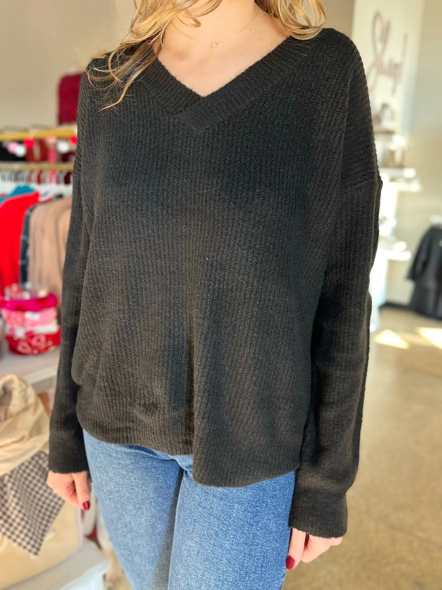 Classic V-neck Ribbed Soft Knit Sweater - Black