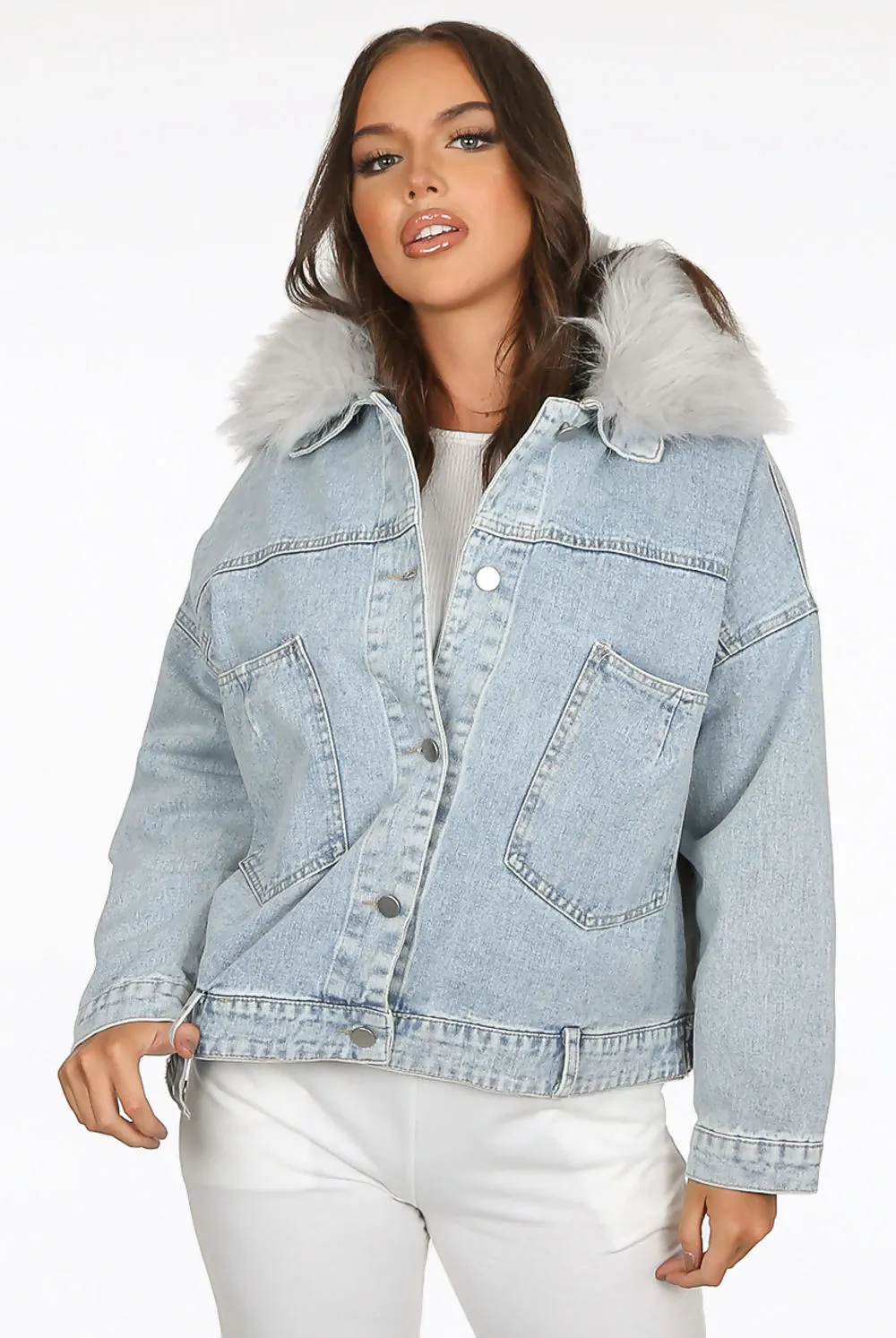 Denim Blue Grey Fur Trim Lace Back Jackets