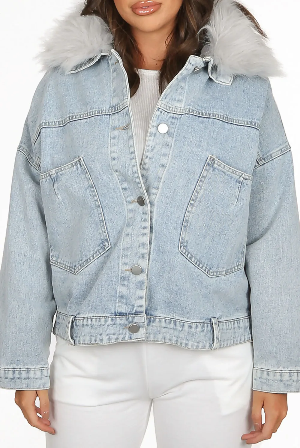 Denim Blue Grey Fur Trim Lace Back Jackets