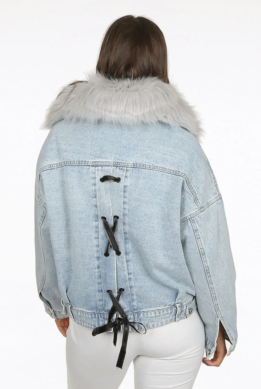 Denim Blue Grey Fur Trim Lace Back Jackets