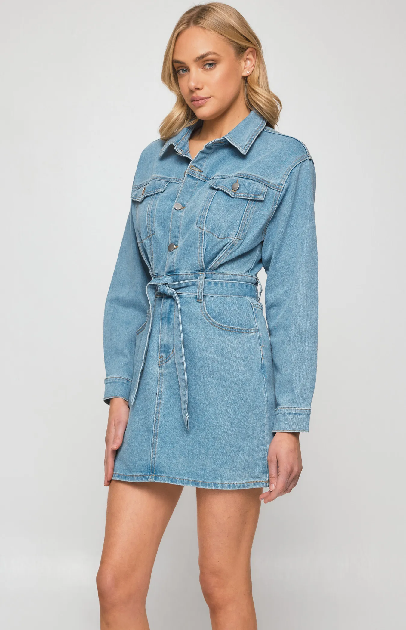 Denim Shirt Dress with Functional Pockets (SDM122) 