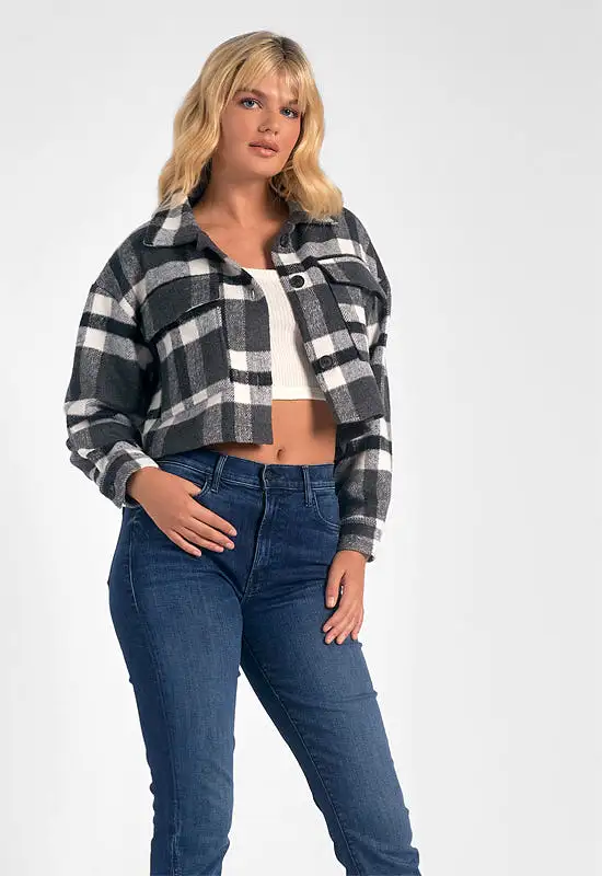 Elan - Plaid Crop Jacket Button Detail Black Plaid