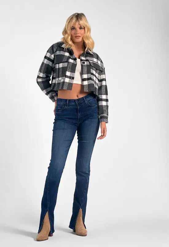 Elan - Plaid Crop Jacket Button Detail Black Plaid