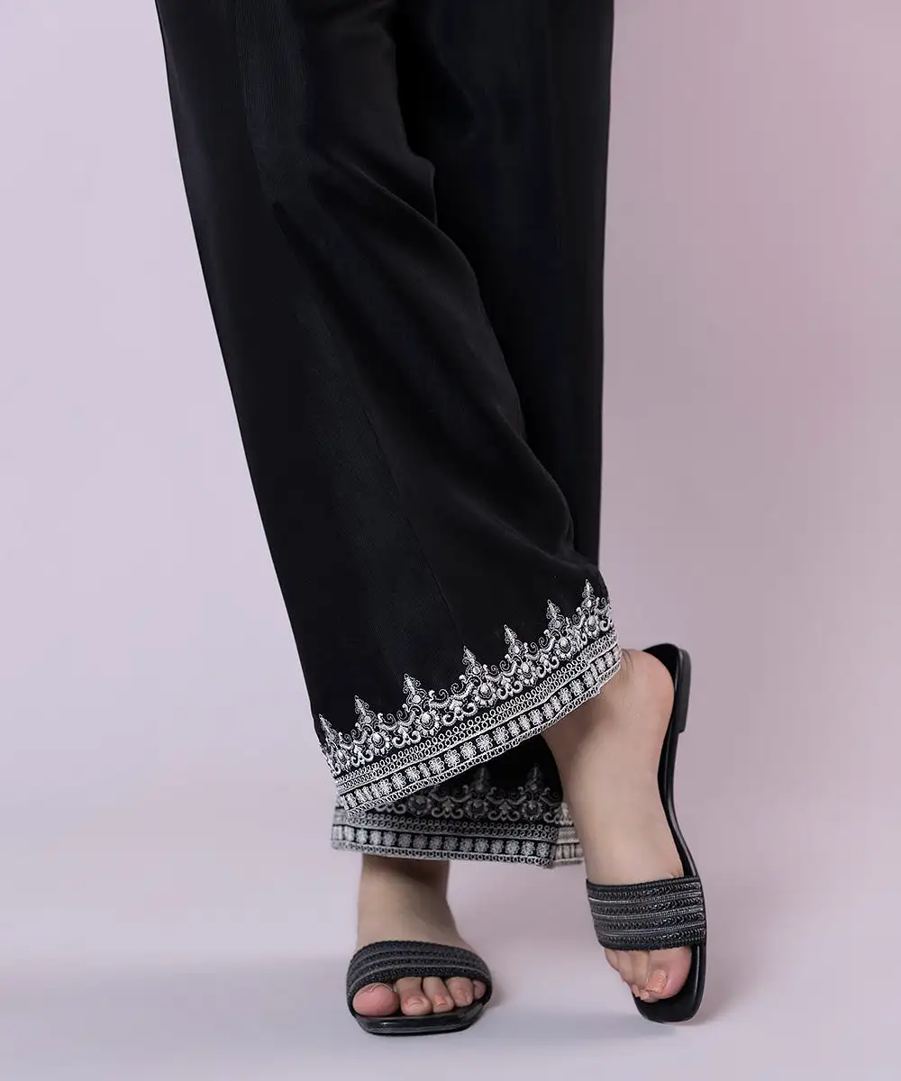 Embroidered Raw Silk Pants