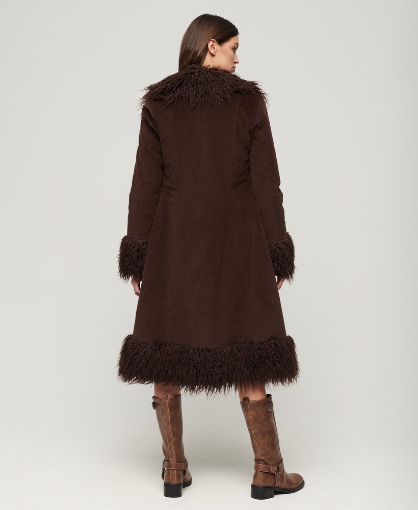 Faux Fur Lined Longline Afghan Coat | Coffee Bean Brown