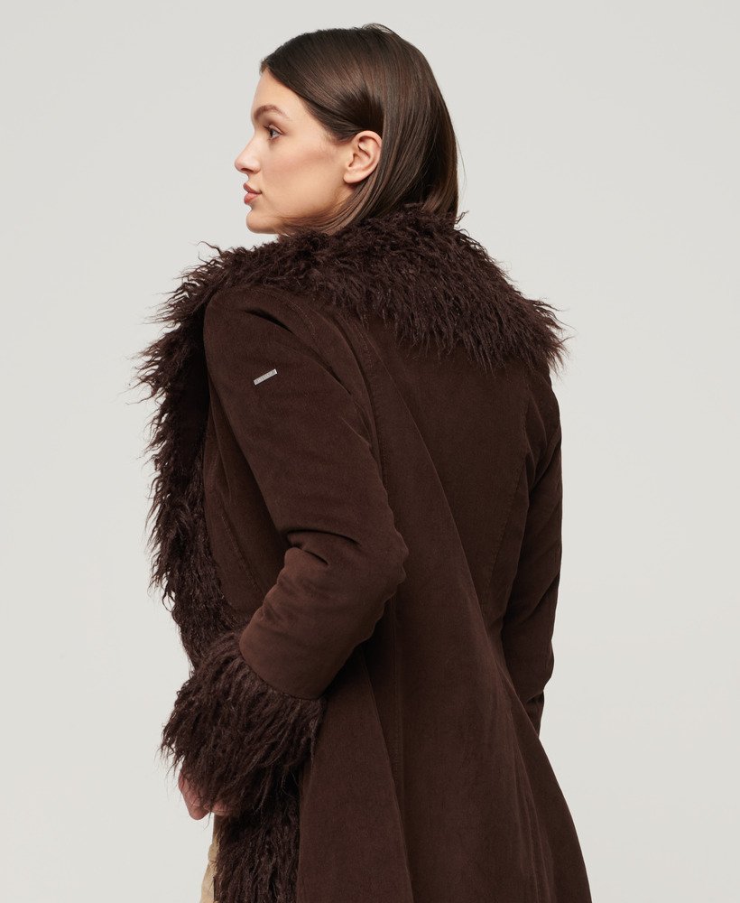 Faux Fur Lined Longline Afghan Coat | Coffee Bean Brown