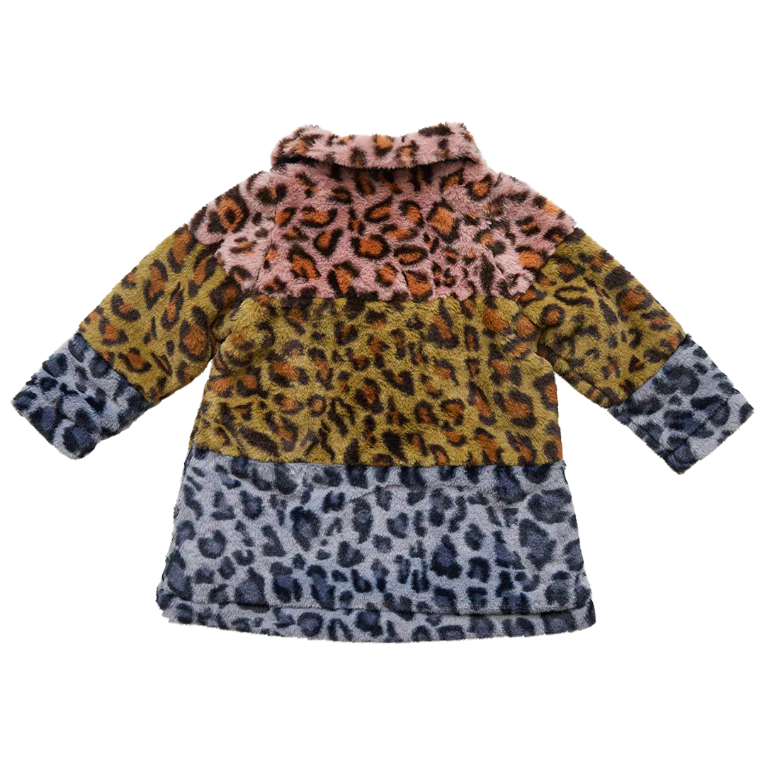 Kate Coat - Leopard Color Block Faux Fur