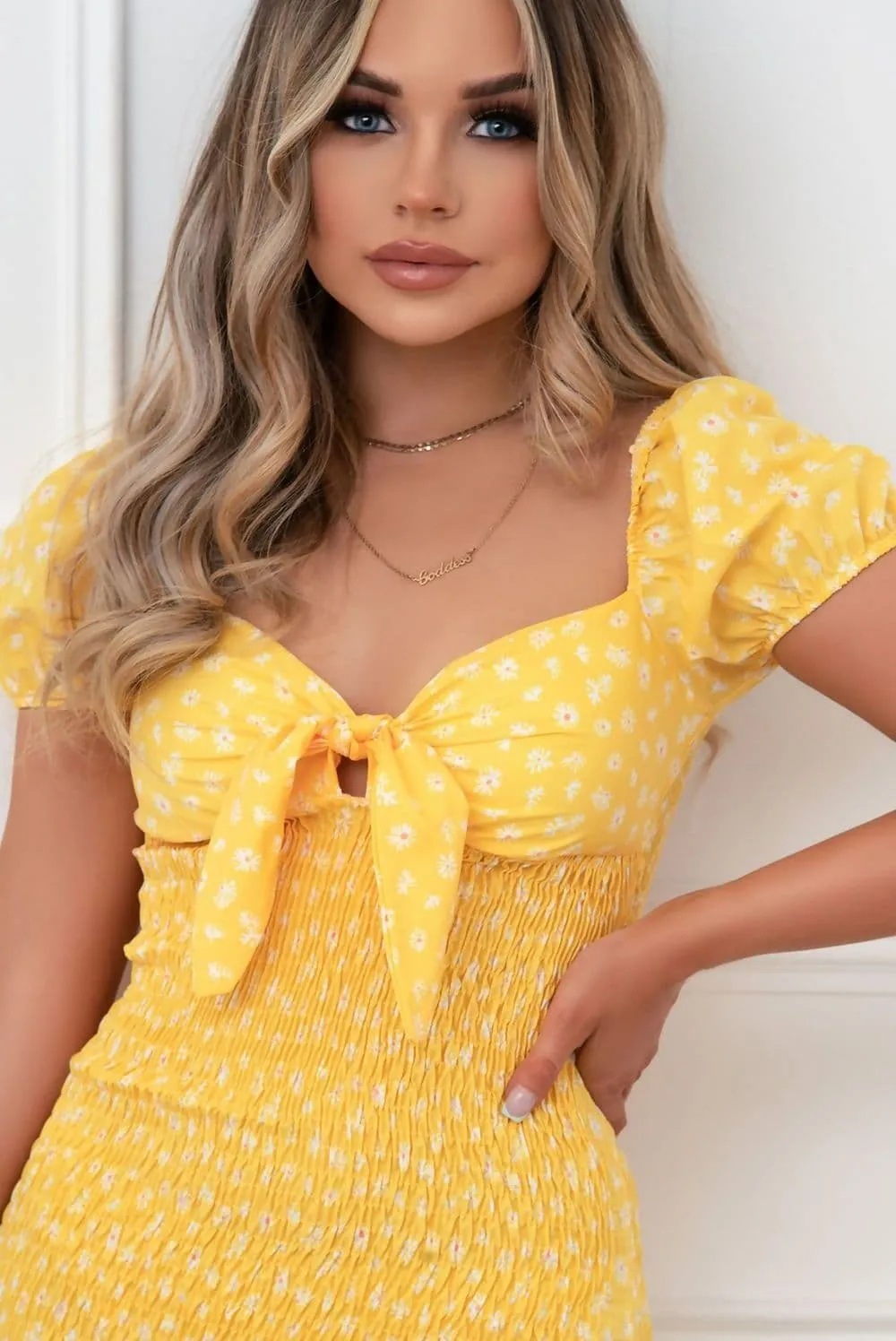 Kiss Yellow  Ditsy  Floral Knot Front Shirred Dress