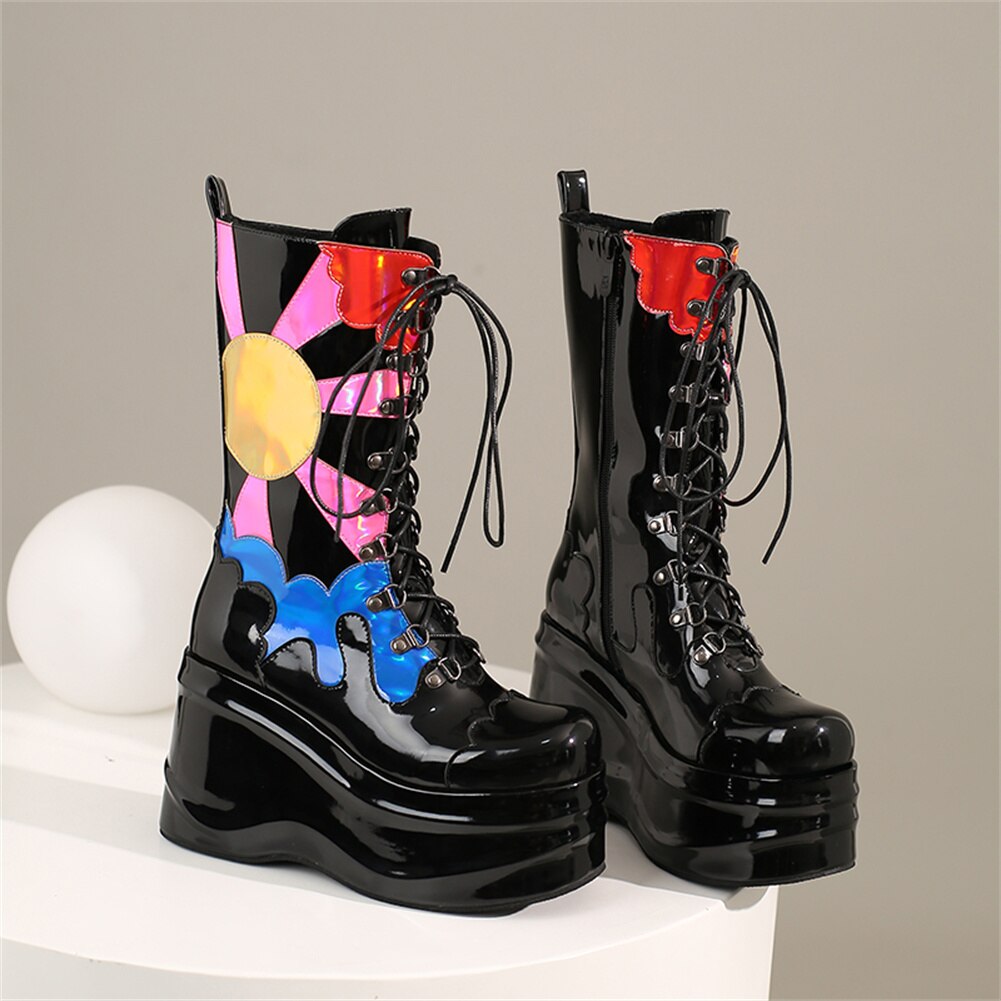 Lace-up High Platform Boots Fashion Mixed Colors Wedges High Heels