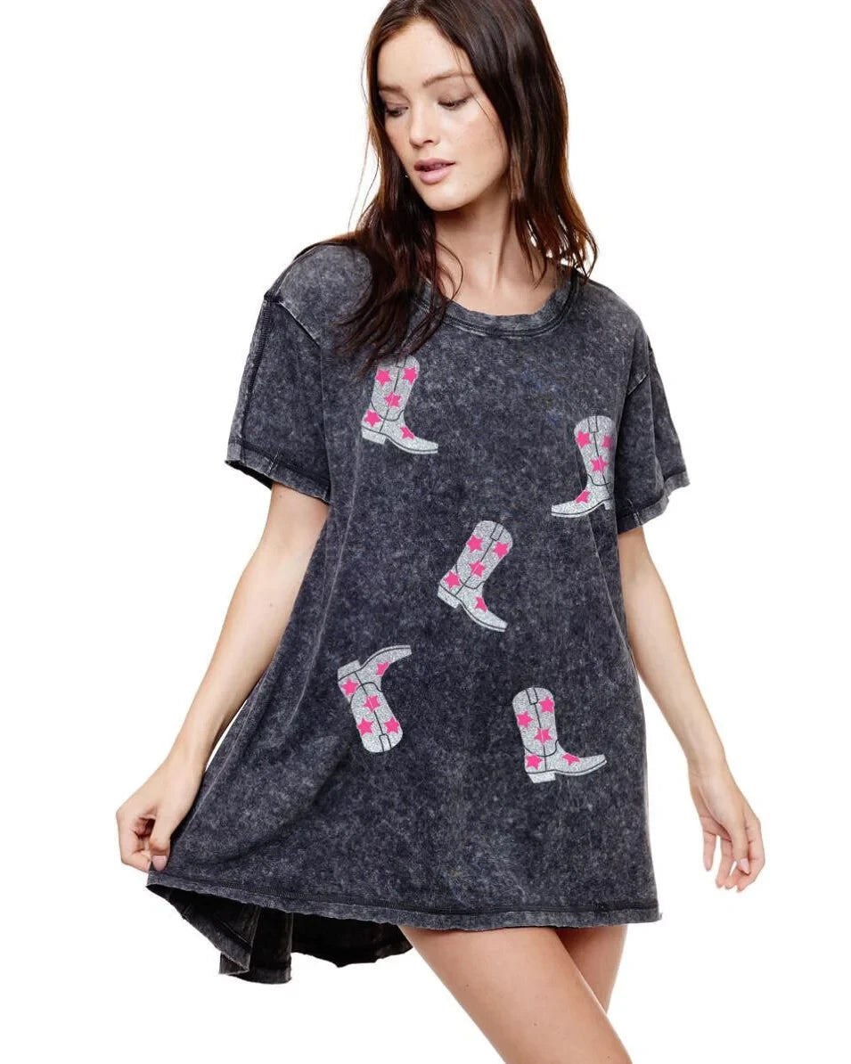 Metallic Cowboy Boots Graphic Tunic Top