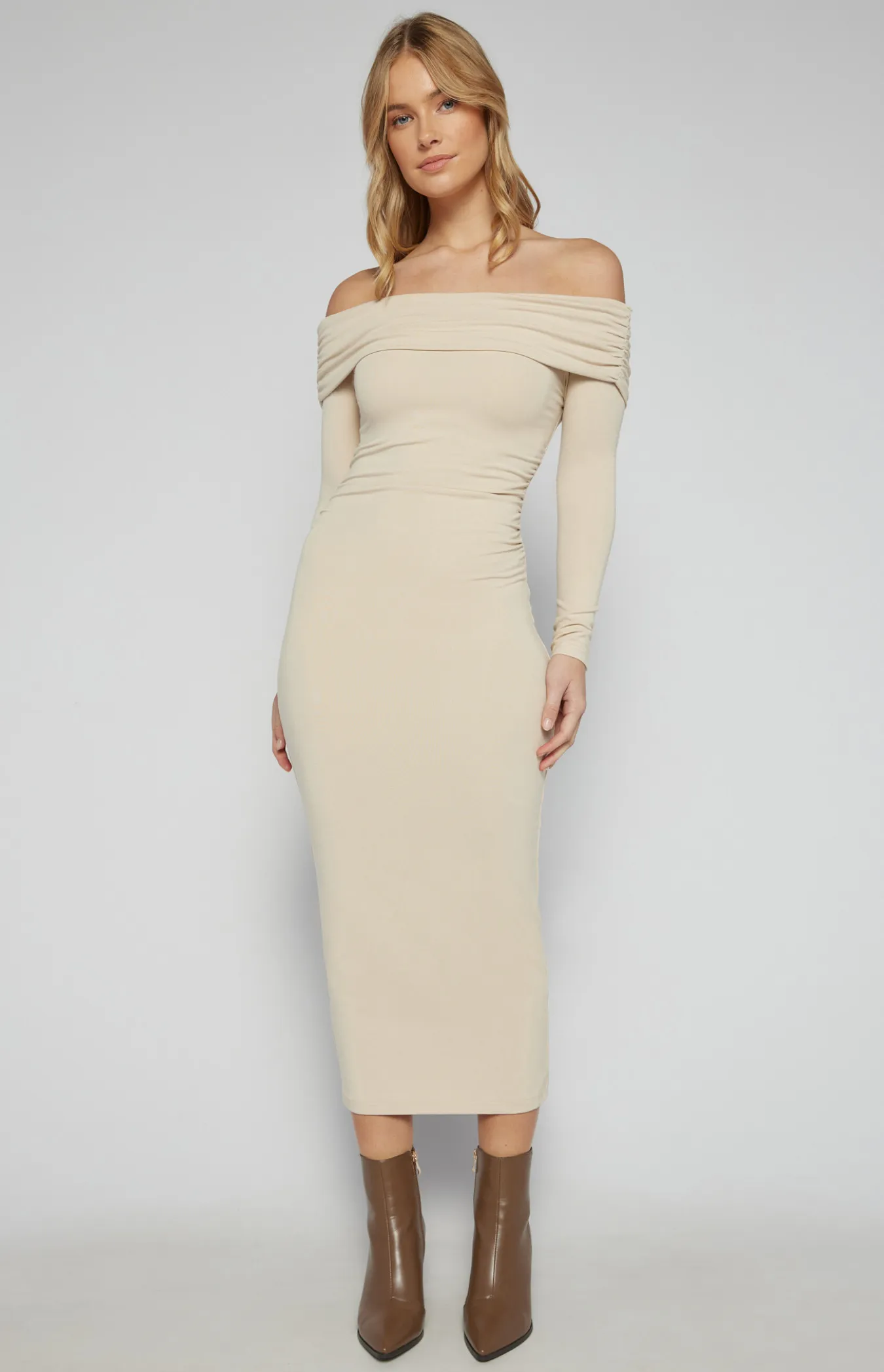 Off ShoulderJersey Midi Dress with Ruche Details (SDR1599B)