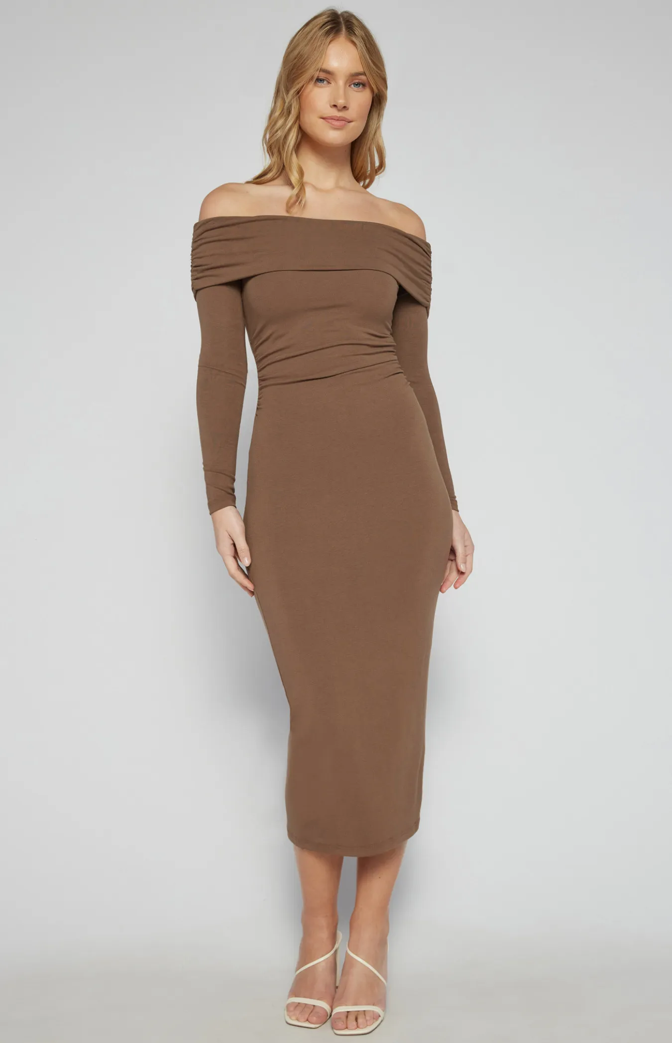 Off ShoulderJersey Midi Dress with Ruche Details (SDR1599B)