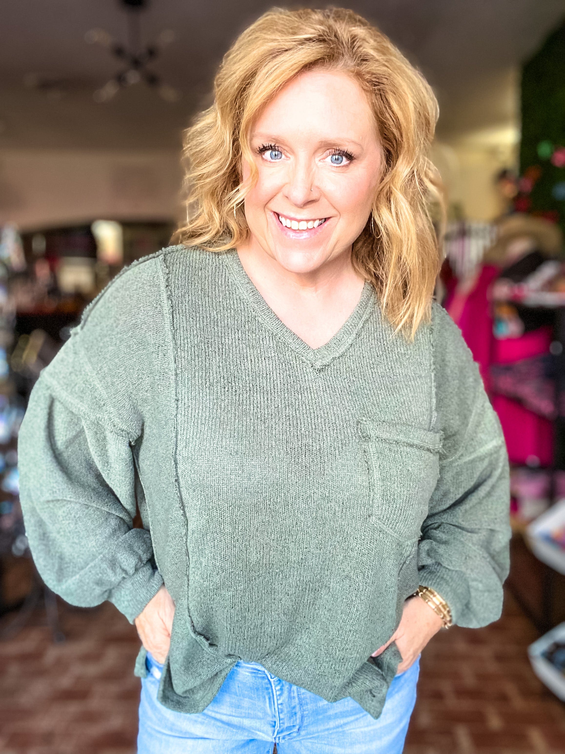 Olive Vneck Pullover Sweater