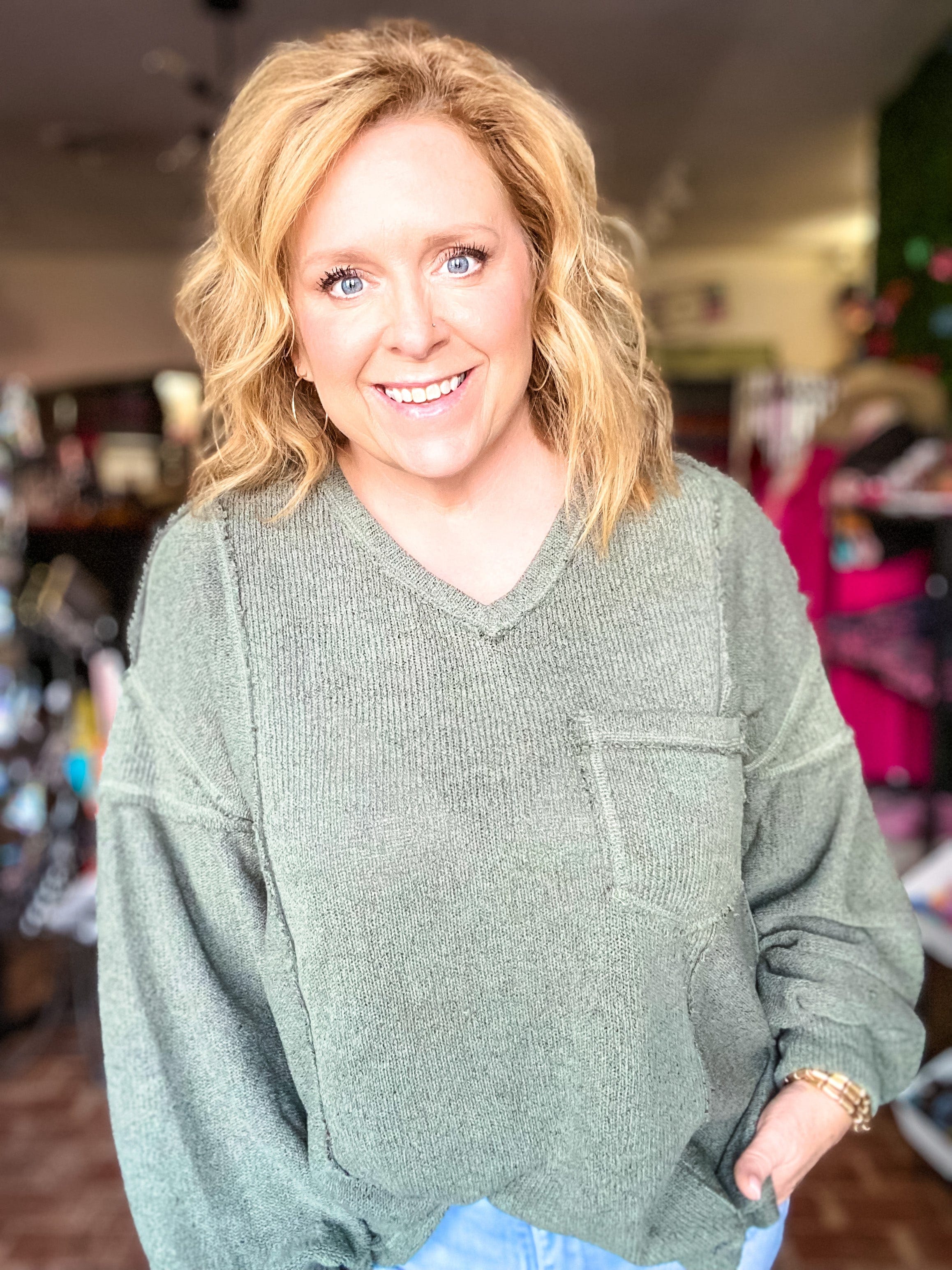 Olive Vneck Pullover Sweater