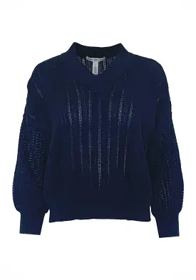 OVERSIZED MIXED POINTELLE V-NECK SWEATER (NAVY) - AUTUMN CASHMERE