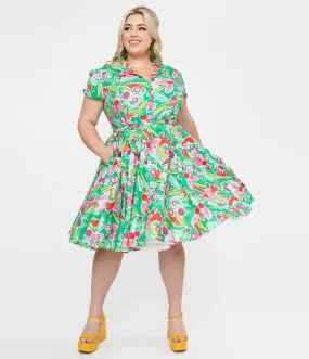 Plus Size 1950s Green & Pink Berry Bloom Print Monroe Fit & Flare Dress