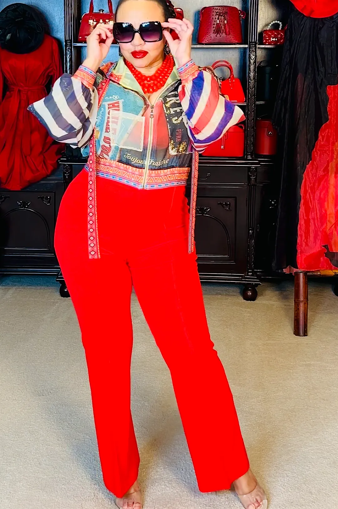 Red Techno Crepe Front Seam Pants