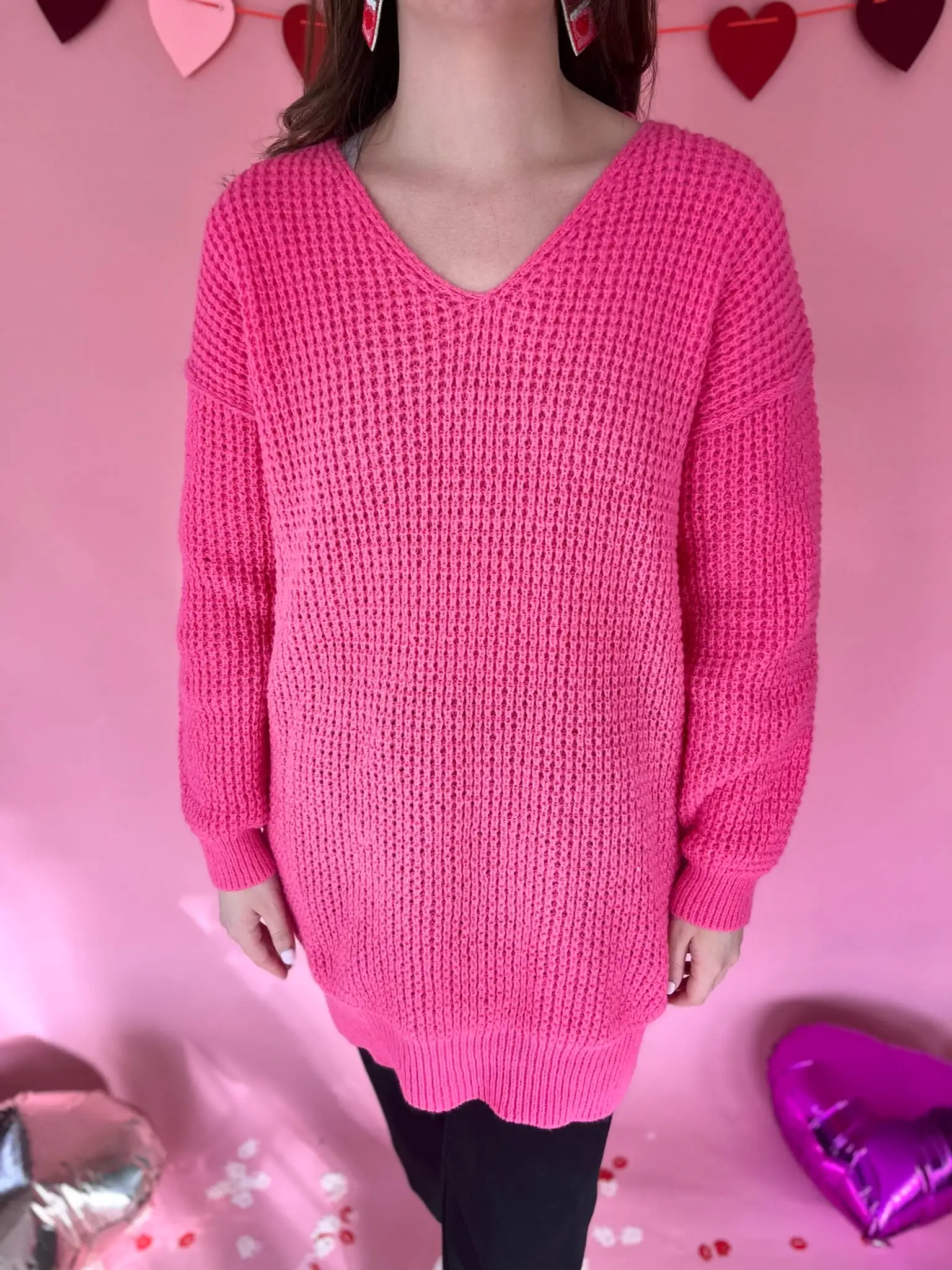 Slouchy V-neck Ribbed Knit Sweater- Hot Pink