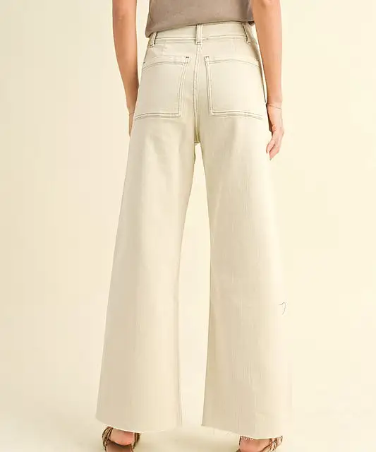 Straight Wide Leg Pants with Front Pockets - Washed Beige