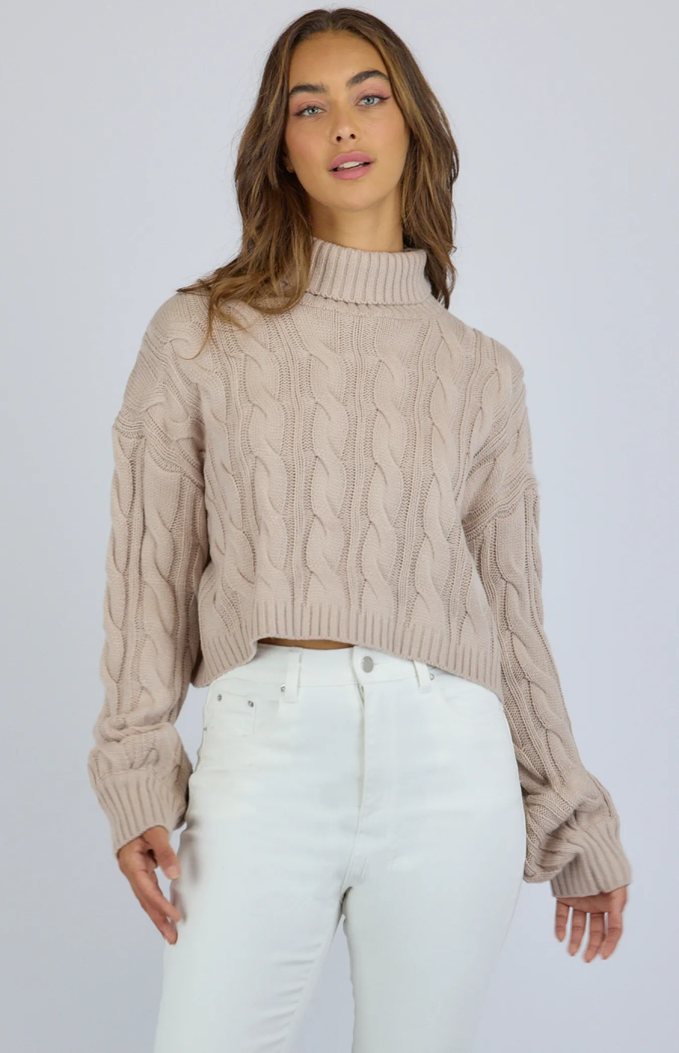 Turtle Neck Cable Cropped Knit Sweater (SKN502)