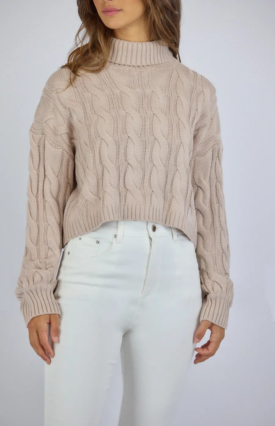 Turtle Neck Cable Cropped Knit Sweater (SKN502)