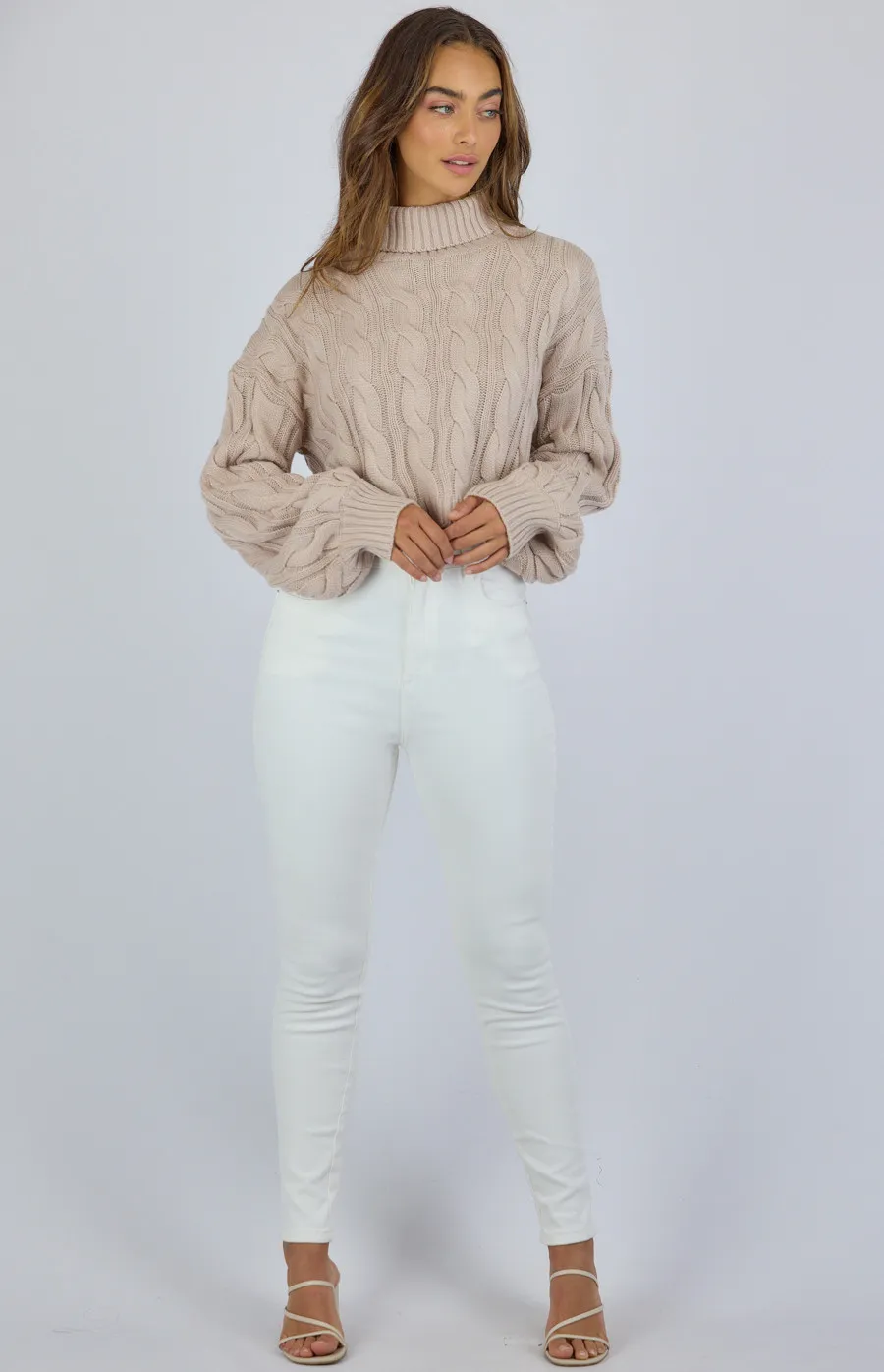 Turtle Neck Cable Cropped Knit Sweater (SKN502)