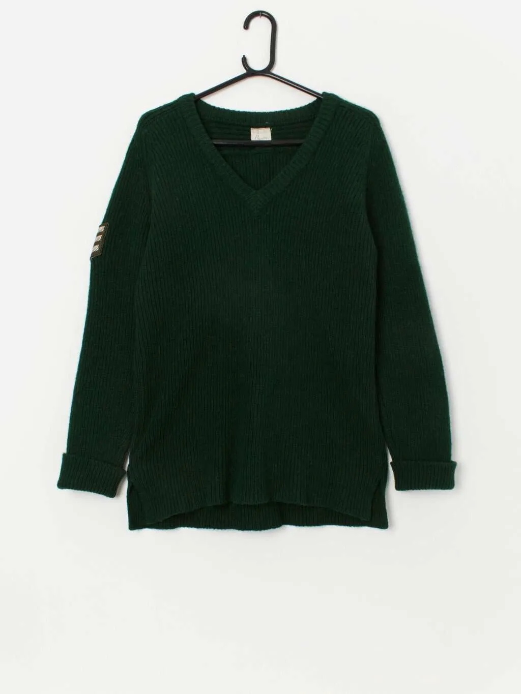 Vintage Brenire forest green wool V-neck sweater with elbow patches – Small / Medium