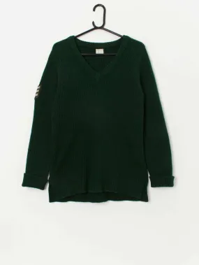 Vintage Brenire forest green wool V-neck sweater with elbow patches – Small / Medium