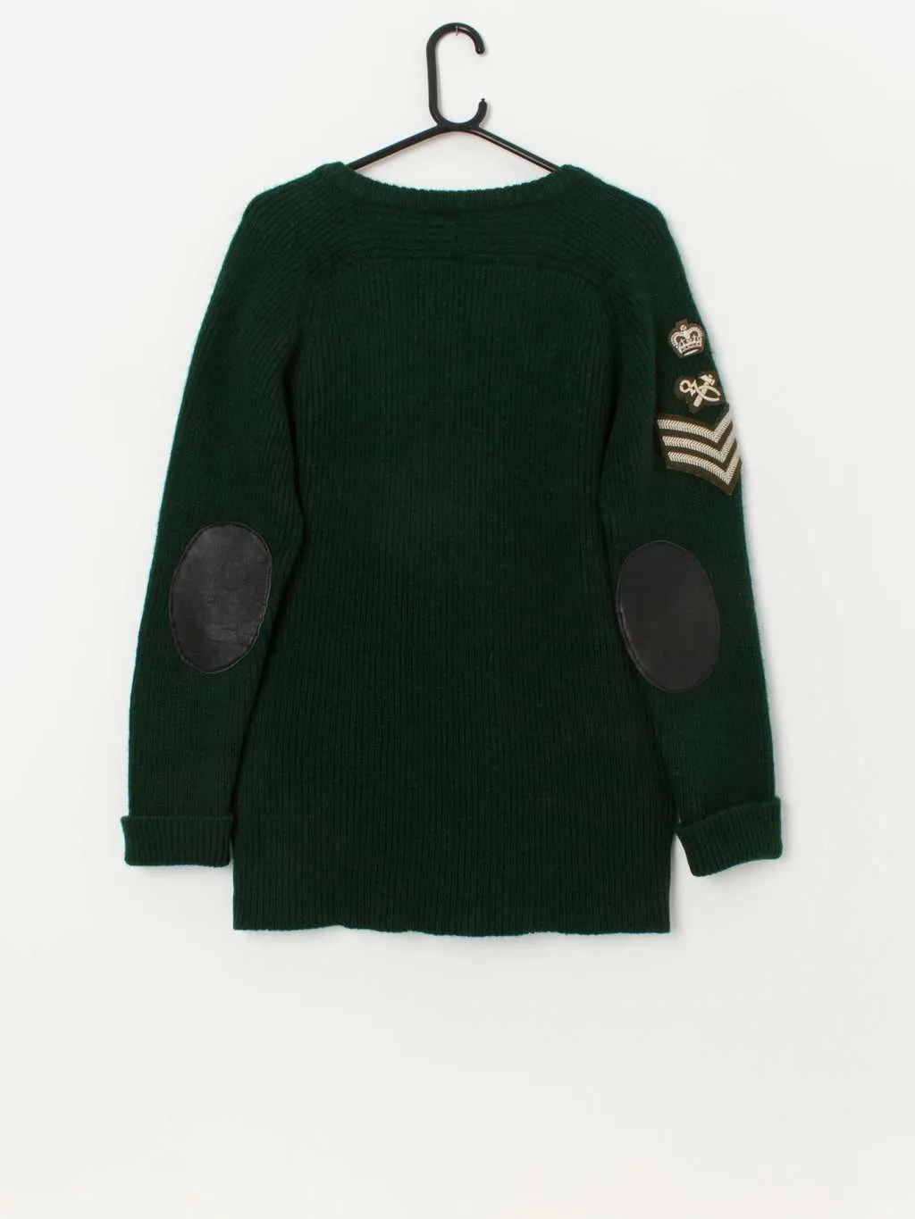 Vintage Brenire forest green wool V-neck sweater with elbow patches – Small / Medium