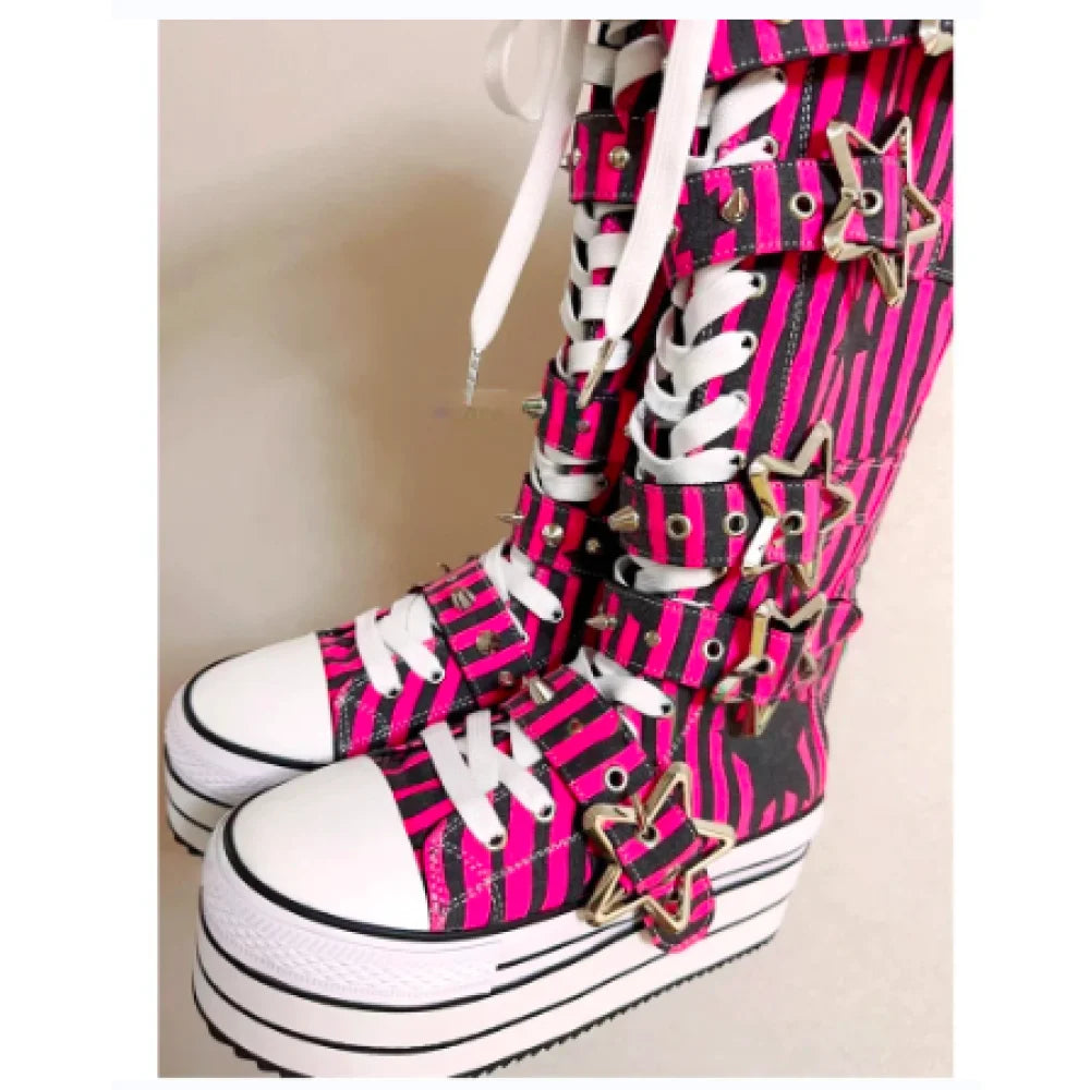 Women's Canvas Striped Metal Star Belt Buckle Lace-up Round Toe Long Boots