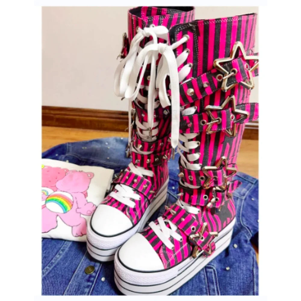 Women's Canvas Striped Metal Star Belt Buckle Lace-up Round Toe Long Boots