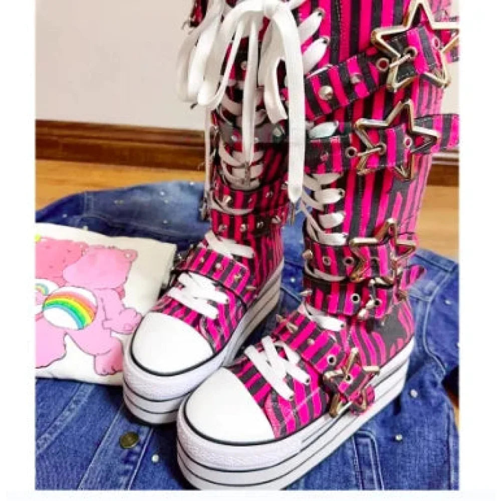 Women's Canvas Striped Metal Star Belt Buckle Lace-up Round Toe Long Boots