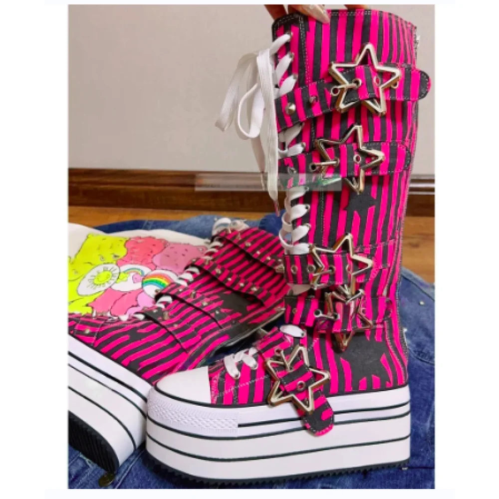 Women's Canvas Striped Metal Star Belt Buckle Lace-up Round Toe Long Boots