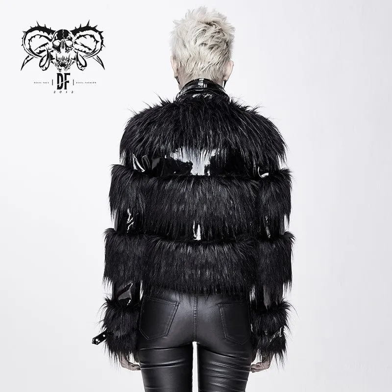 Women's High Neck Belts Fluffy Pu Jackets