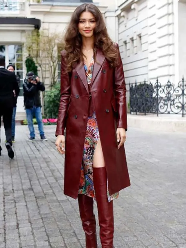 Zendaya Burgundy Trench Leather Coat - New American Jackets